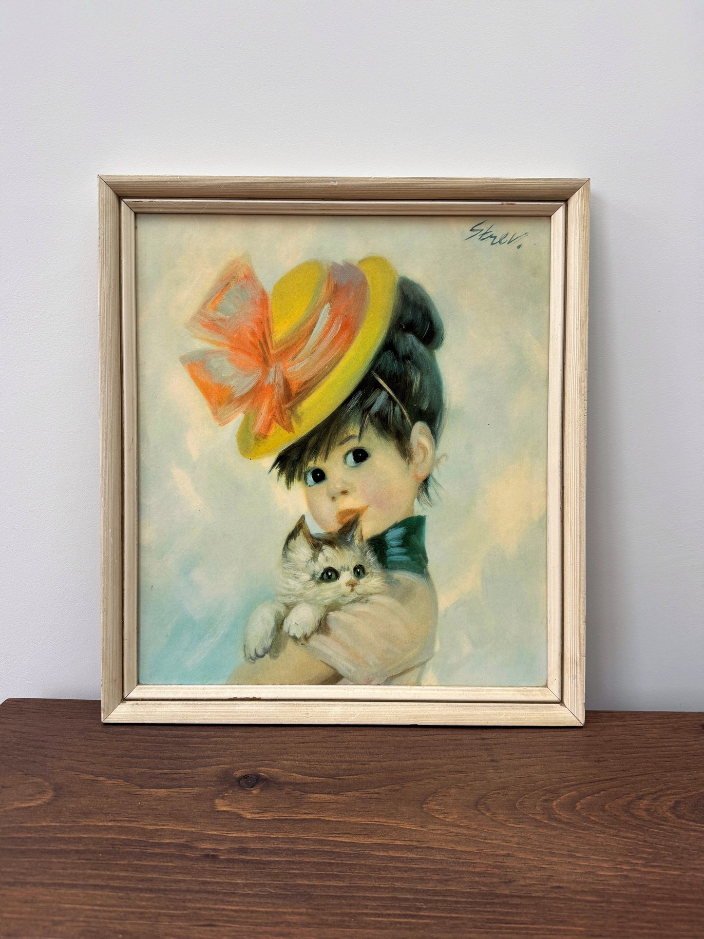 Vintage Framed Print: "Harriet, Girl with a Cat" by John Strevens c.1964-Framed Art-John Strevens-My Happy London Home