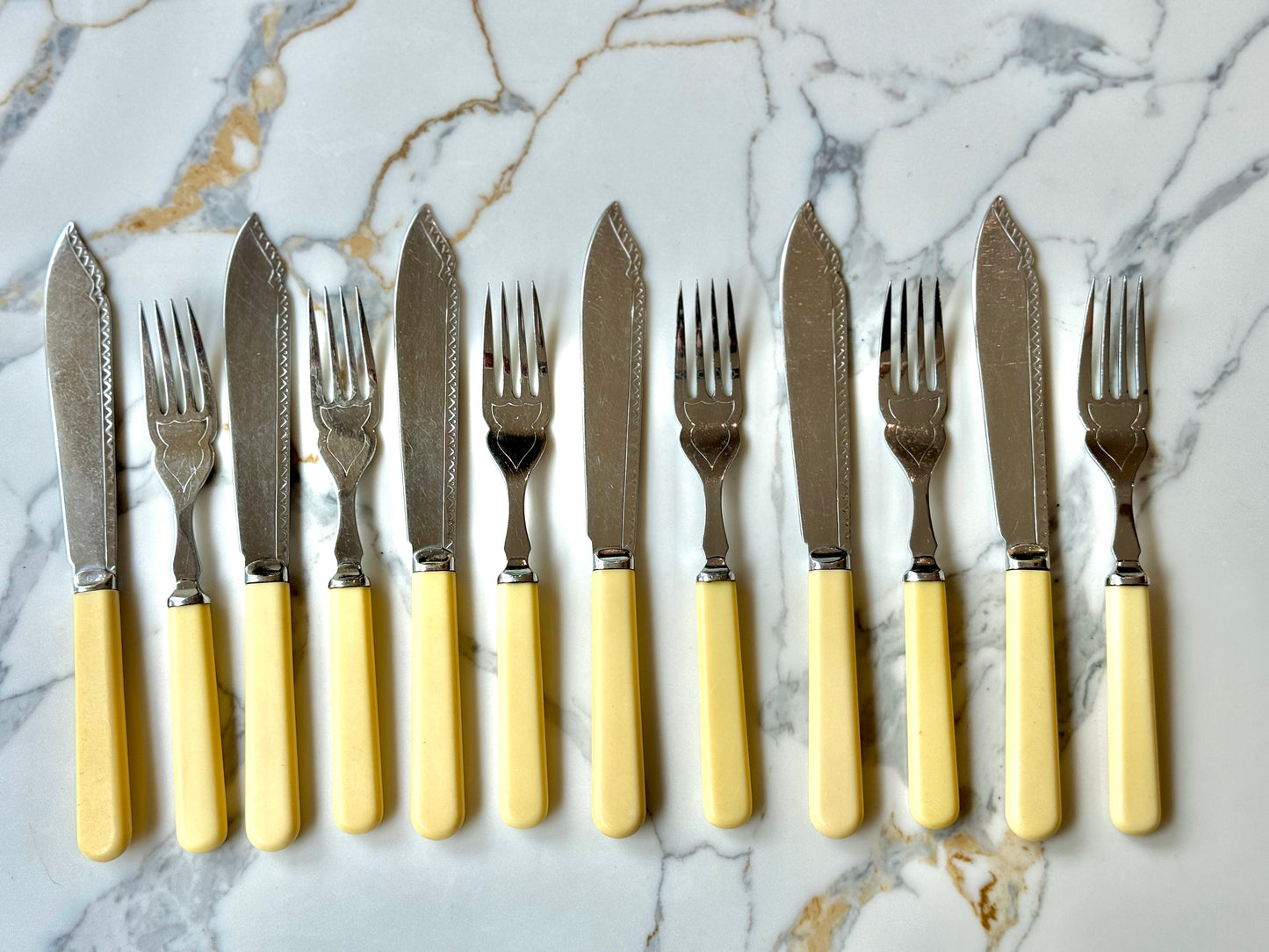 Vintage Fish Knives and Forks Set of 6 - Chrome Plated with Faux Bone Handles
