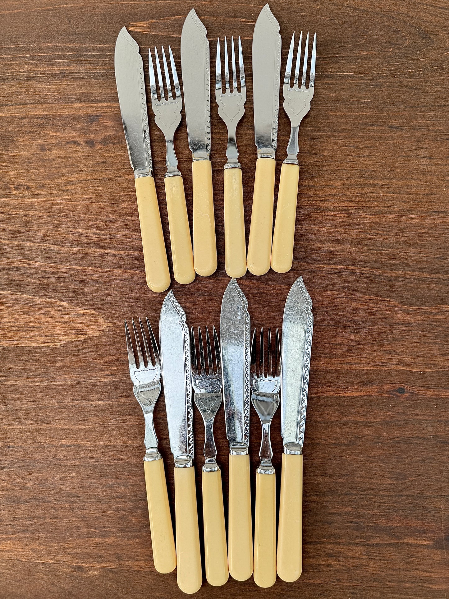 Vintage Fish Knives and Forks Set of 6 - Chrome Plated with Faux Bone Handles