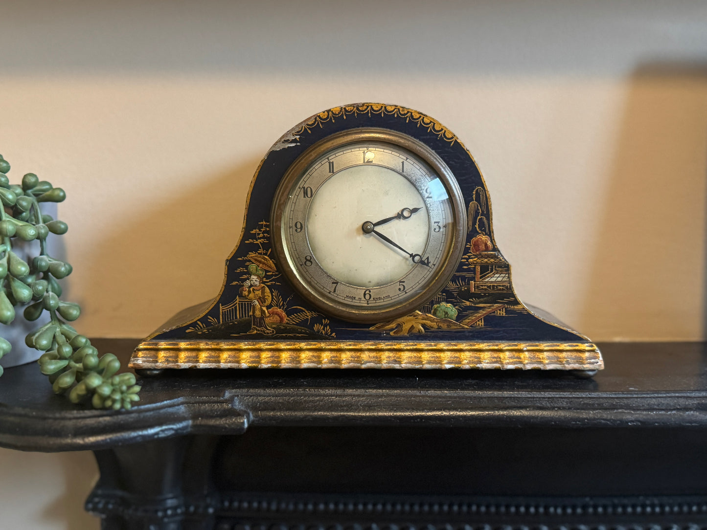 Antique Chinoiserie Mantel Clock by Smiths | Black & Gold Lacquer | 1930s
