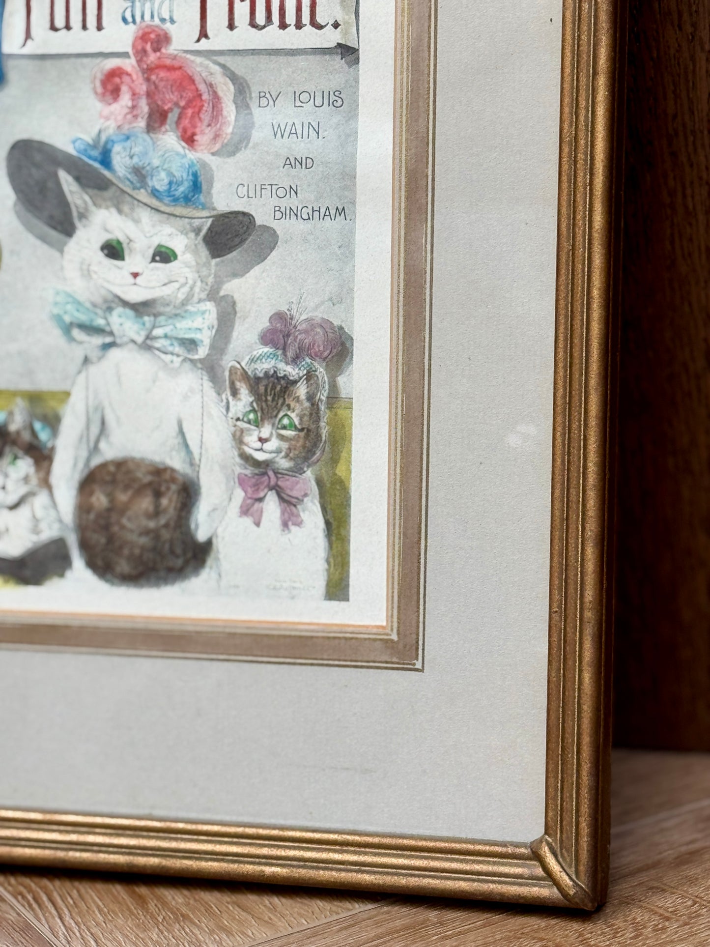 Antique Hand-Coloured Print by Louis Wain | "Fun and Frolic" Book Cover | Rare Ornate Framed Promotional Print c.1900