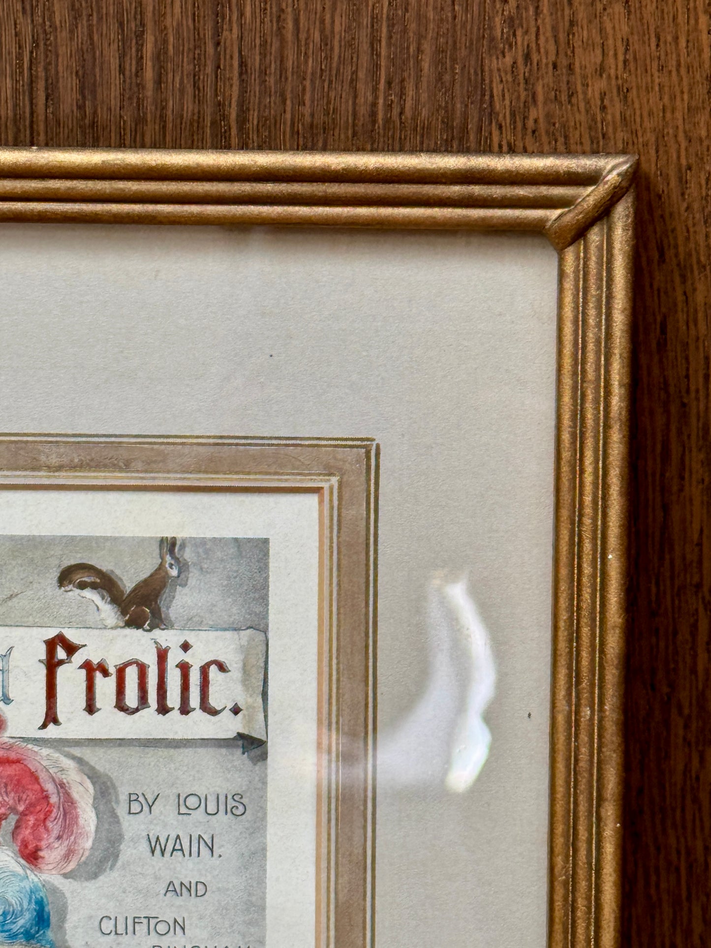 Antique Hand-Coloured Print by Louis Wain | "Fun and Frolic" Book Cover | Rare Ornate Framed Promotional Print c.1900