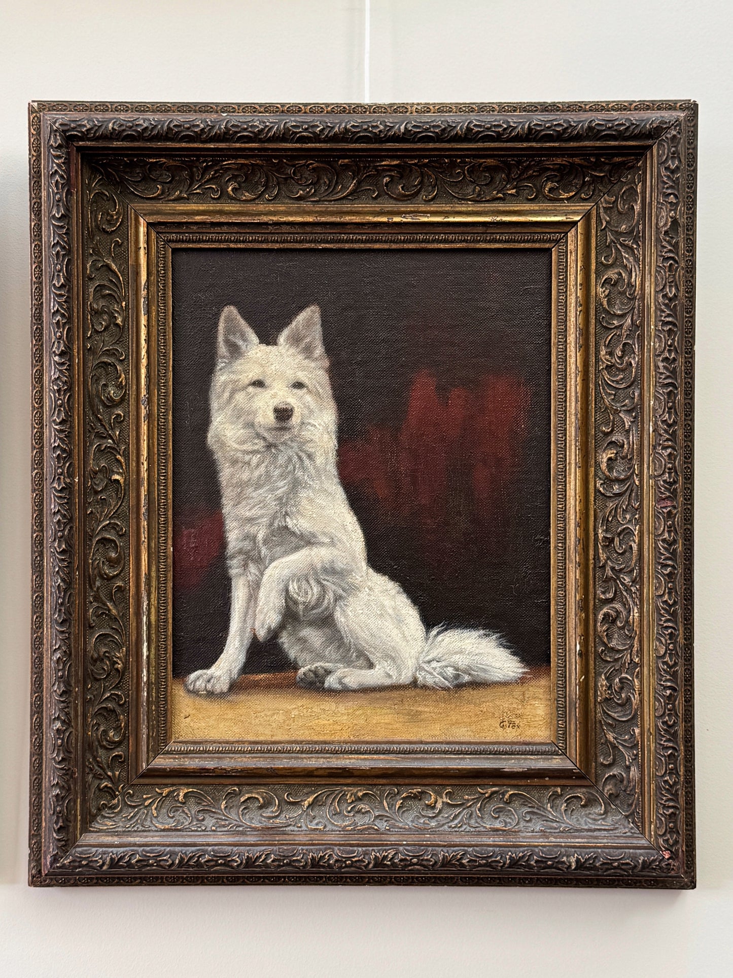 Antique Oil Painting of a White Dog | Signed G.B. Fox Garnet Bancroft Fox