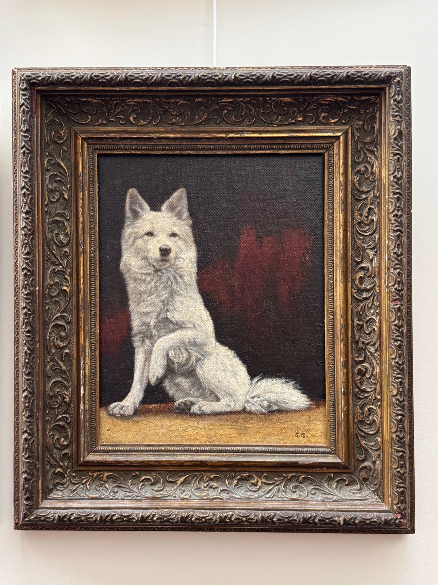アンティーク油彩画 白い犬 | G.B. Fox 直筆サイン | 華やかな装飾額装
