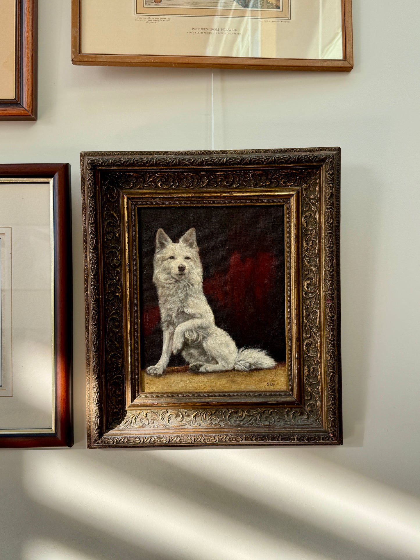 Antique Oil Painting of a White Dog | Signed G.B. Fox | Ornate Aged Gilt Frame