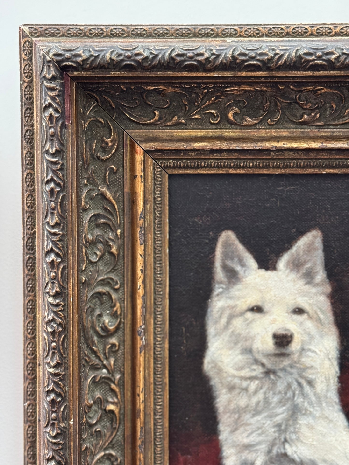 アンティーク油彩画 白い犬 | G.B. Fox サイン | 華やかな装飾額装