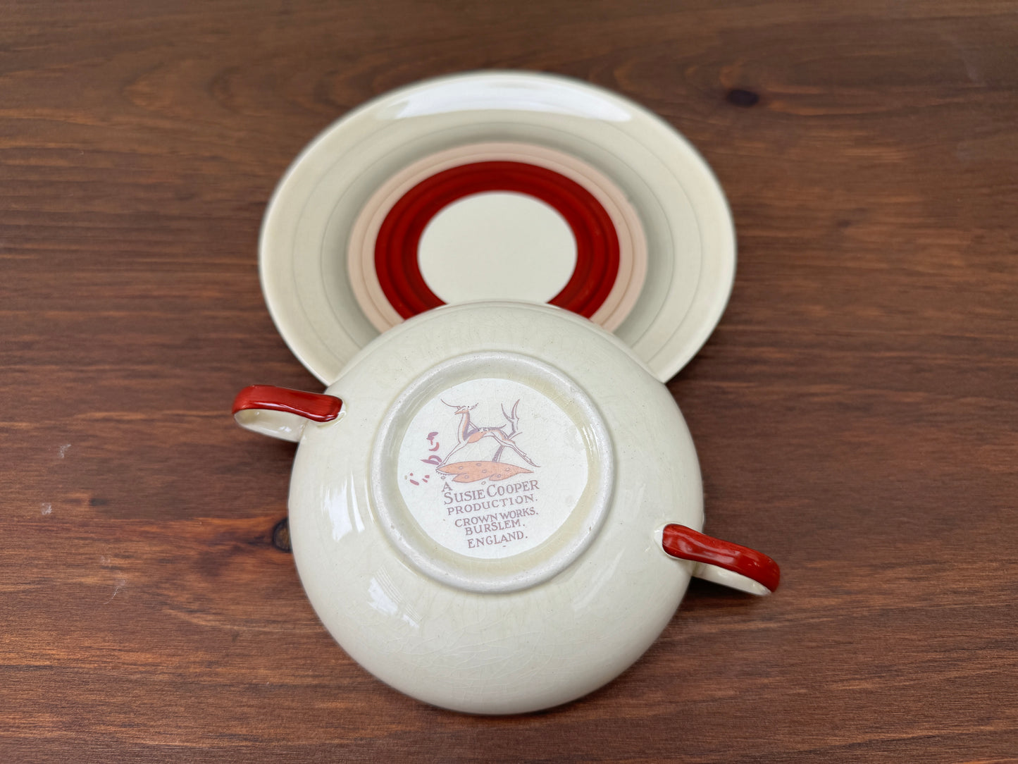 Susie Cooper Crown Works Burslem ‘Wedding Band’ Kestrel Shape Soup Cup & Saucer, C.1930s