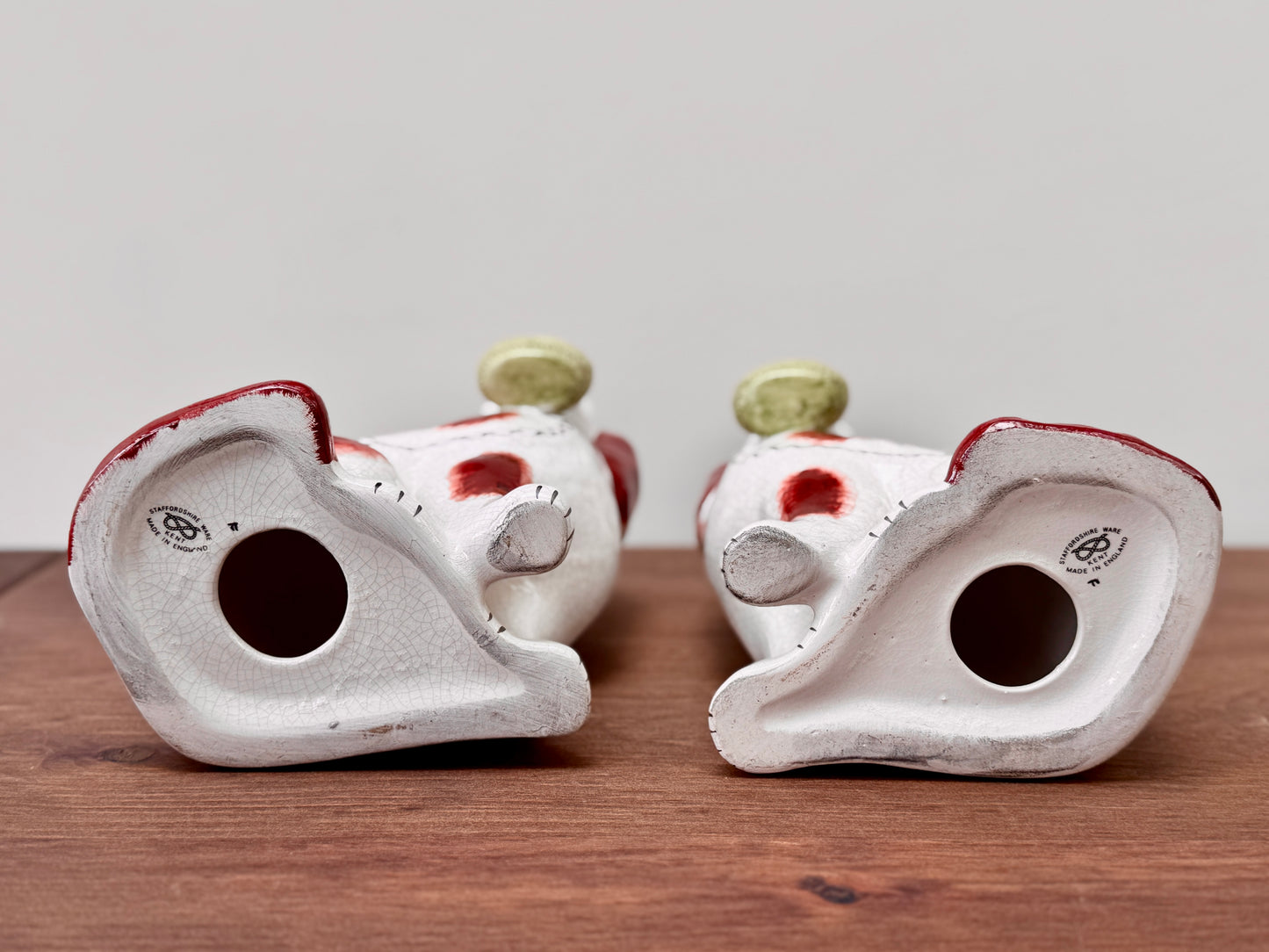 Rare Pair of Staffordshire Dogs with Green flower Baskets by William Kent, c.1940s–50s