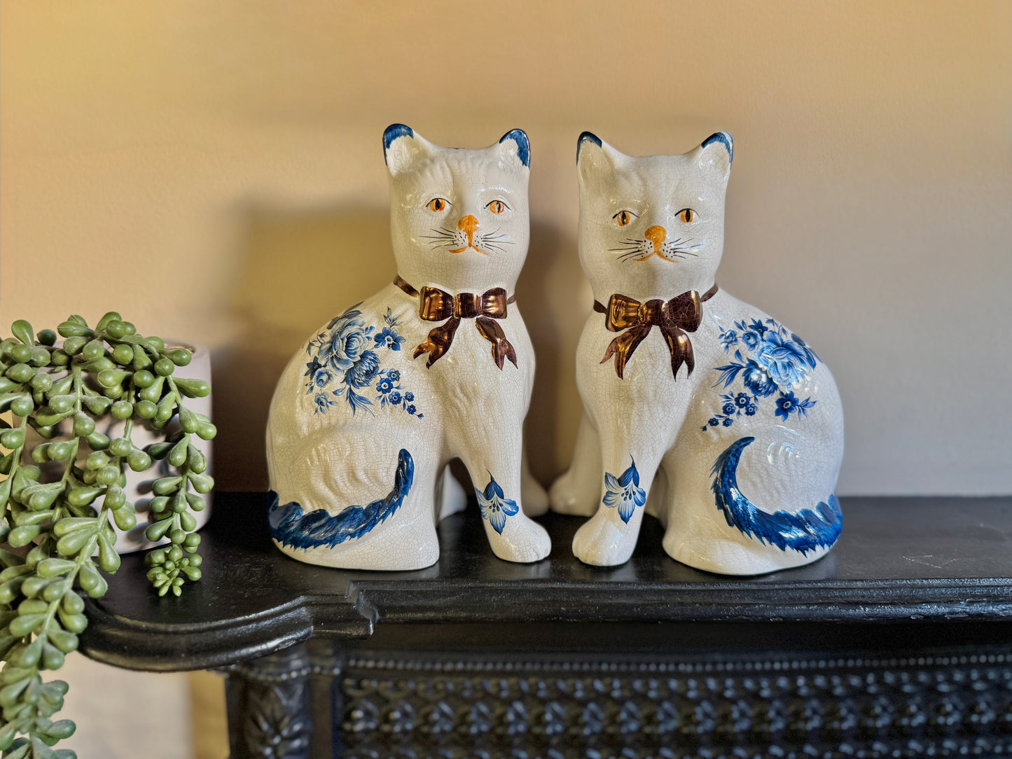 Pair of Vintage Staffordshire Cats | Blue and White Floral Design with Gold Bows