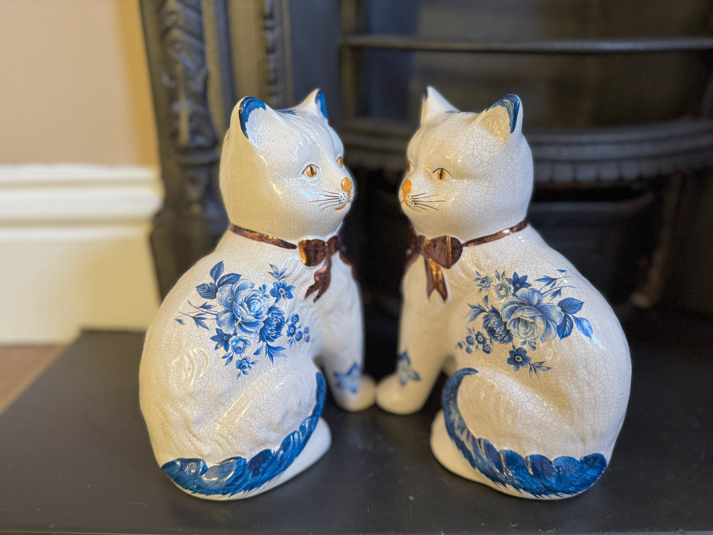 Pair of Vintage Staffordshire Cats | Blue and White Floral Design with Gold Bows