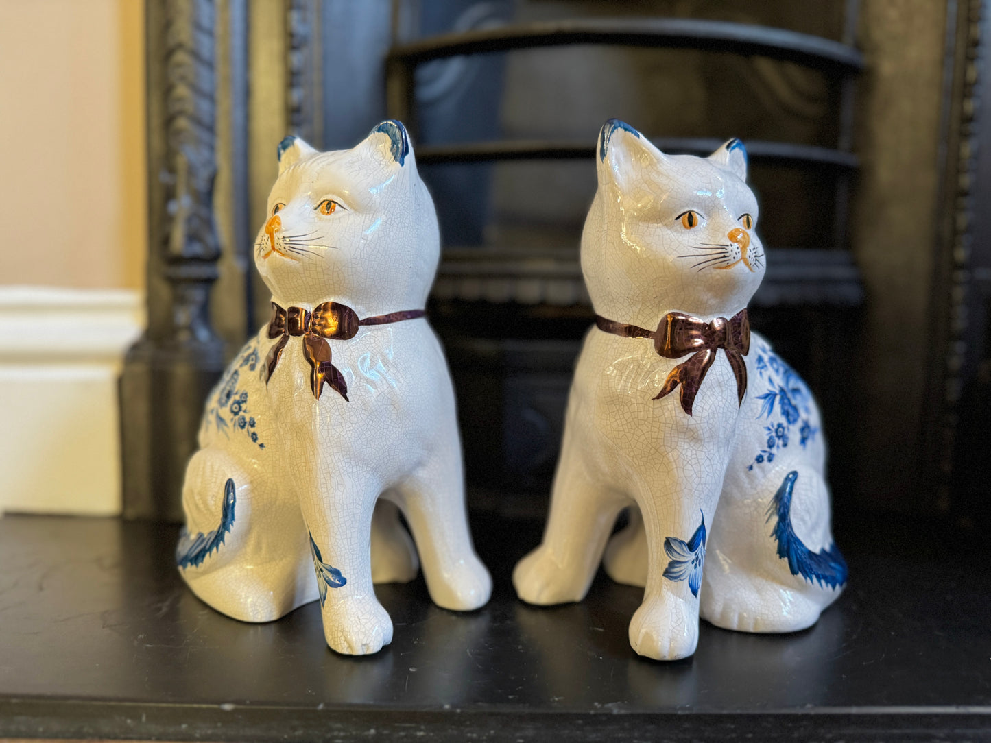 Pair of Vintage Staffordshire Cats | Blue and White Floral Design with Gold Bows