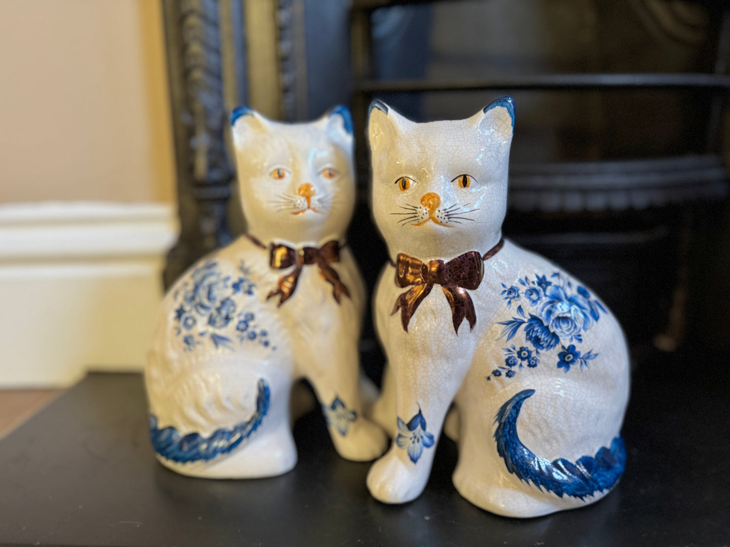 Pair of Vintage Staffordshire Cats | Blue and White Floral Design with Gold Bows
