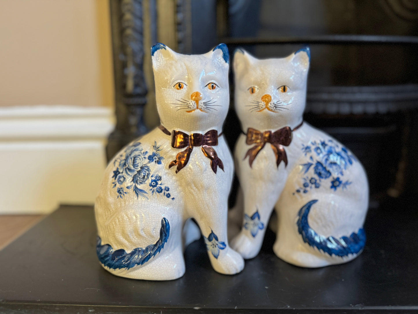 Pair of Vintage Staffordshire Cats | Blue and White Floral Design with Gold Bows