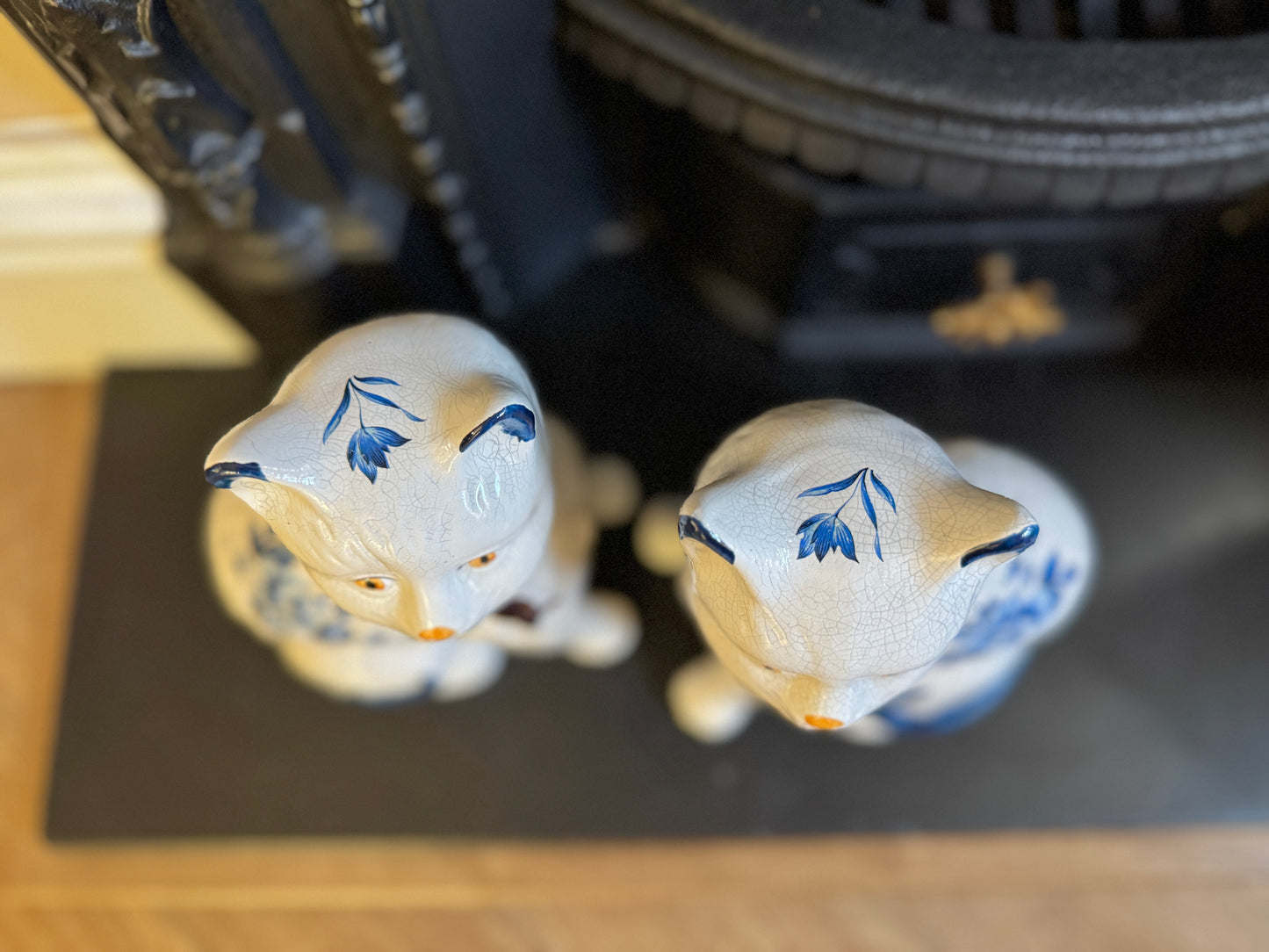 Pair of Vintage Staffordshire Cats | Blue and White Floral Design with Gold Bows