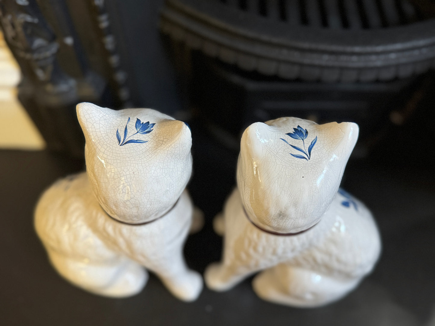 Pair of Vintage Staffordshire Cats | Blue and White Floral Design with Gold Bows