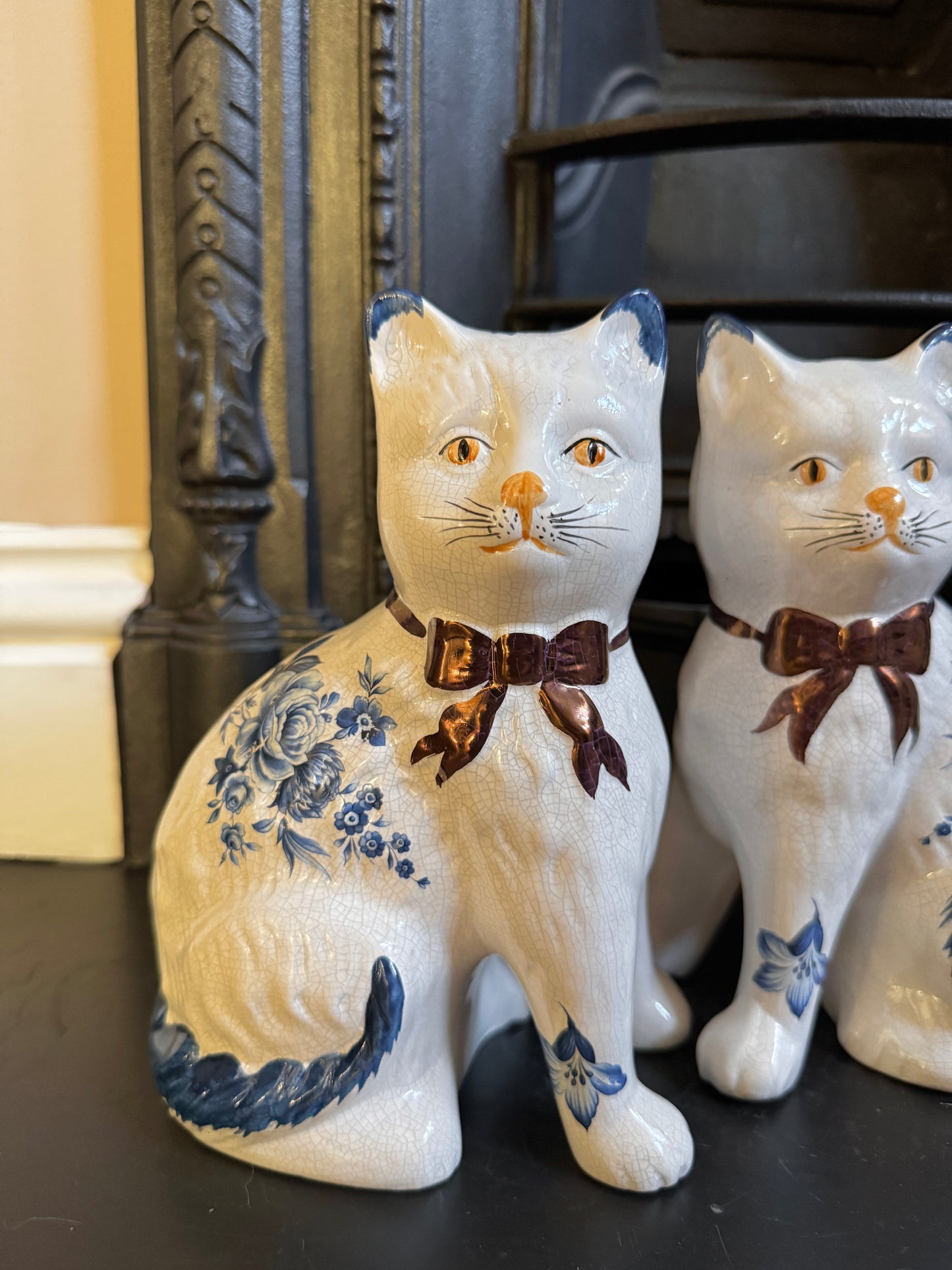 Pair of Vintage Staffordshire Cats | Blue and White Floral Design with Gold Bows
