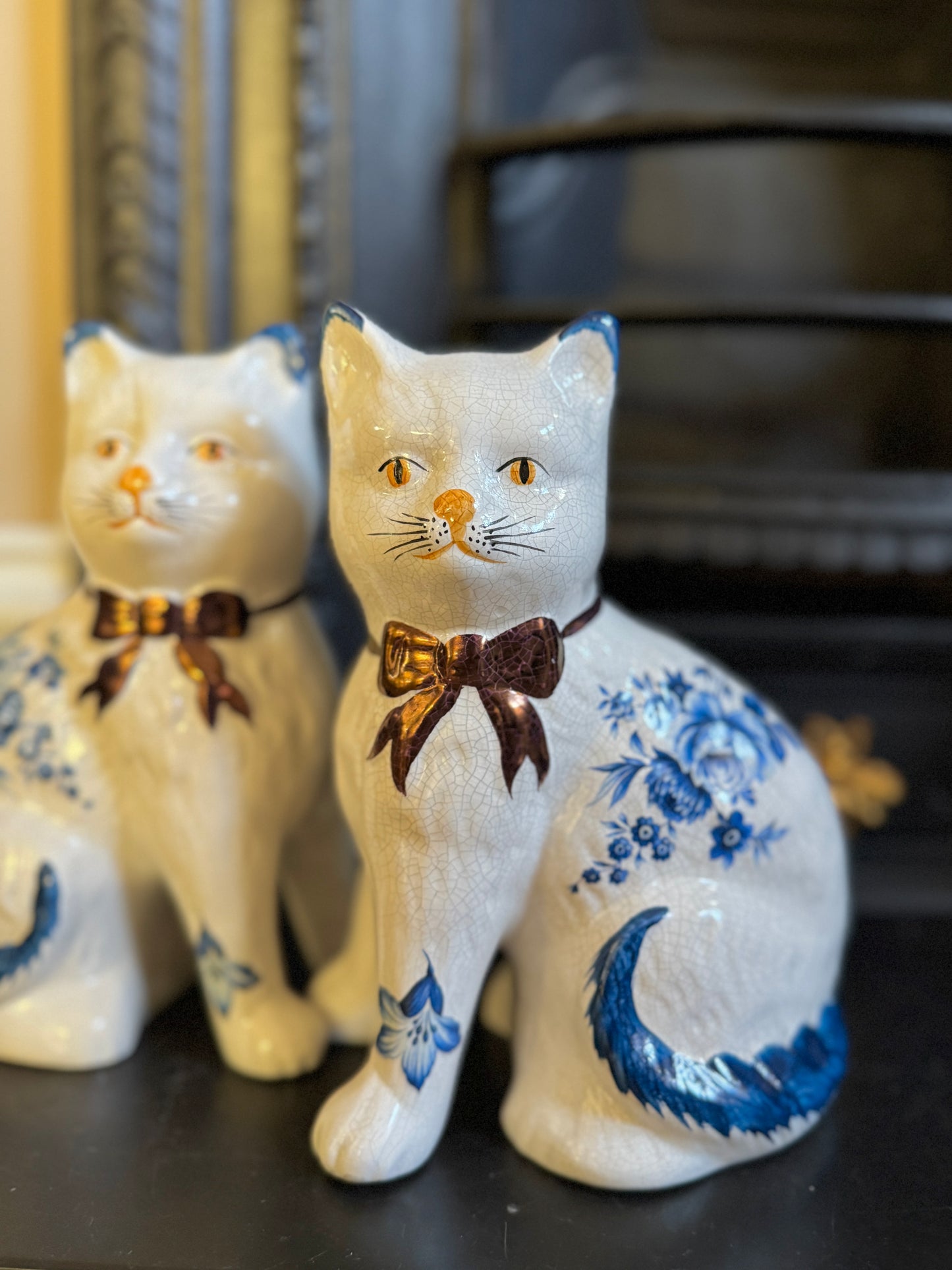 Pair of Vintage Staffordshire Cats | Blue and White Floral Design with Gold Bows