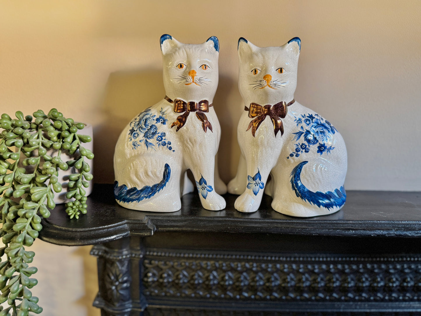 Pair of Vintage Staffordshire Cats | Blue and White Floral Design with Gold Bows