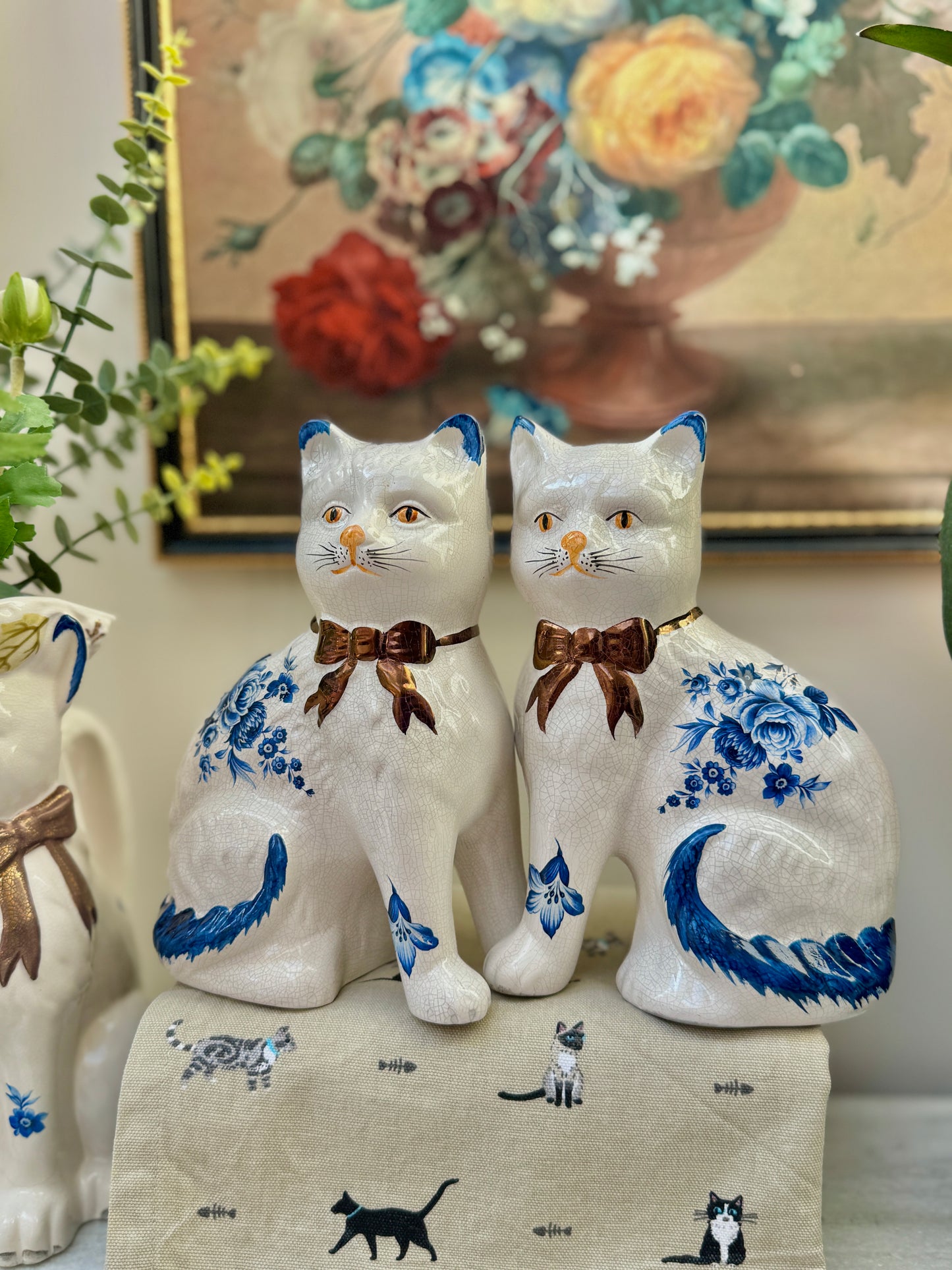 Pair of Vintage Staffordshire Cats | Blue and White Floral Design with Gold Bows