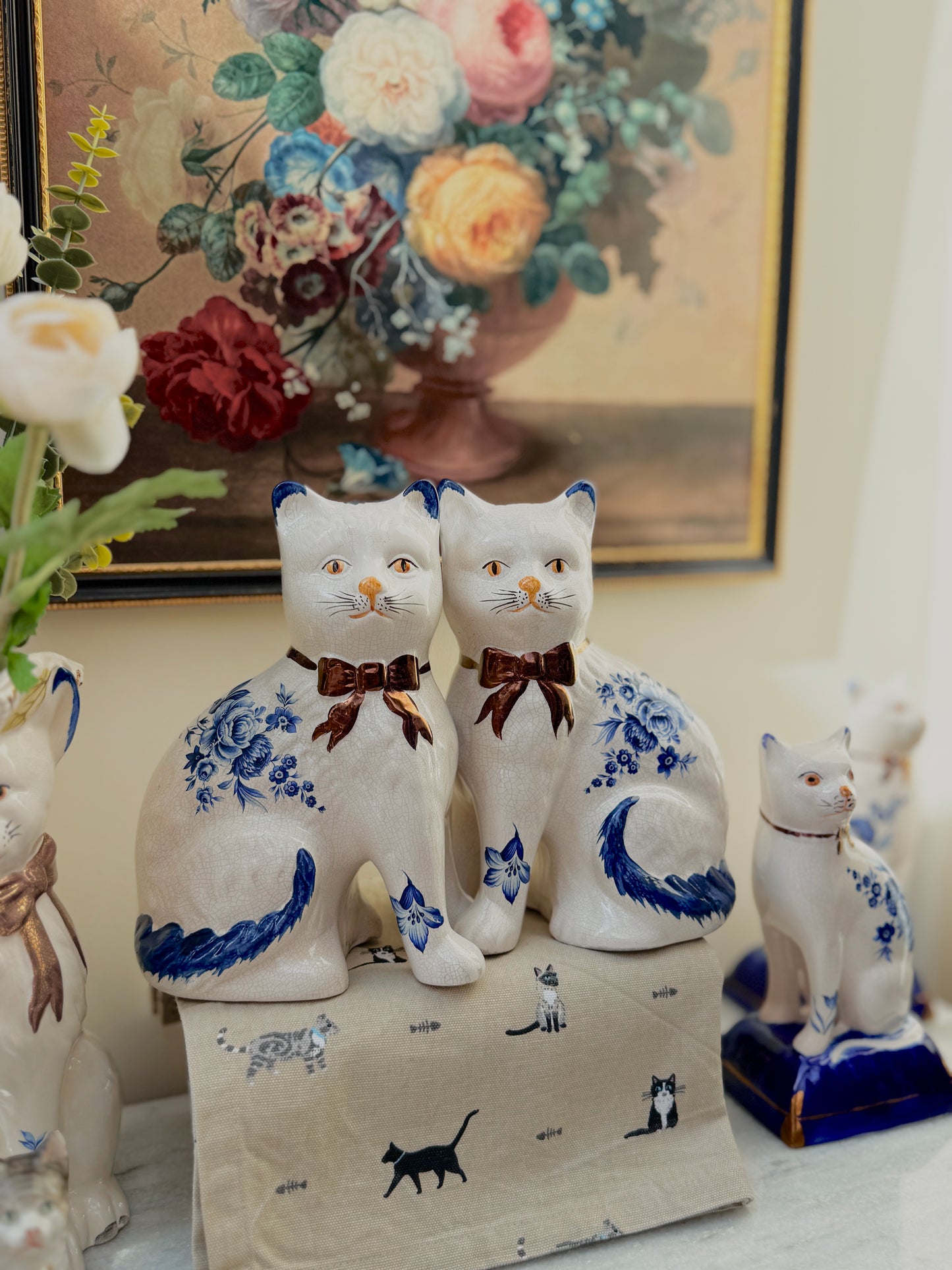 Pair of Vintage Staffordshire Cats | Blue and White Floral Design with Gold Bows