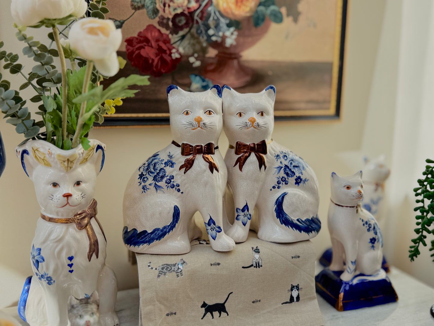 Pair of Vintage Staffordshire Cats | Blue and White Floral Design with Gold Bows