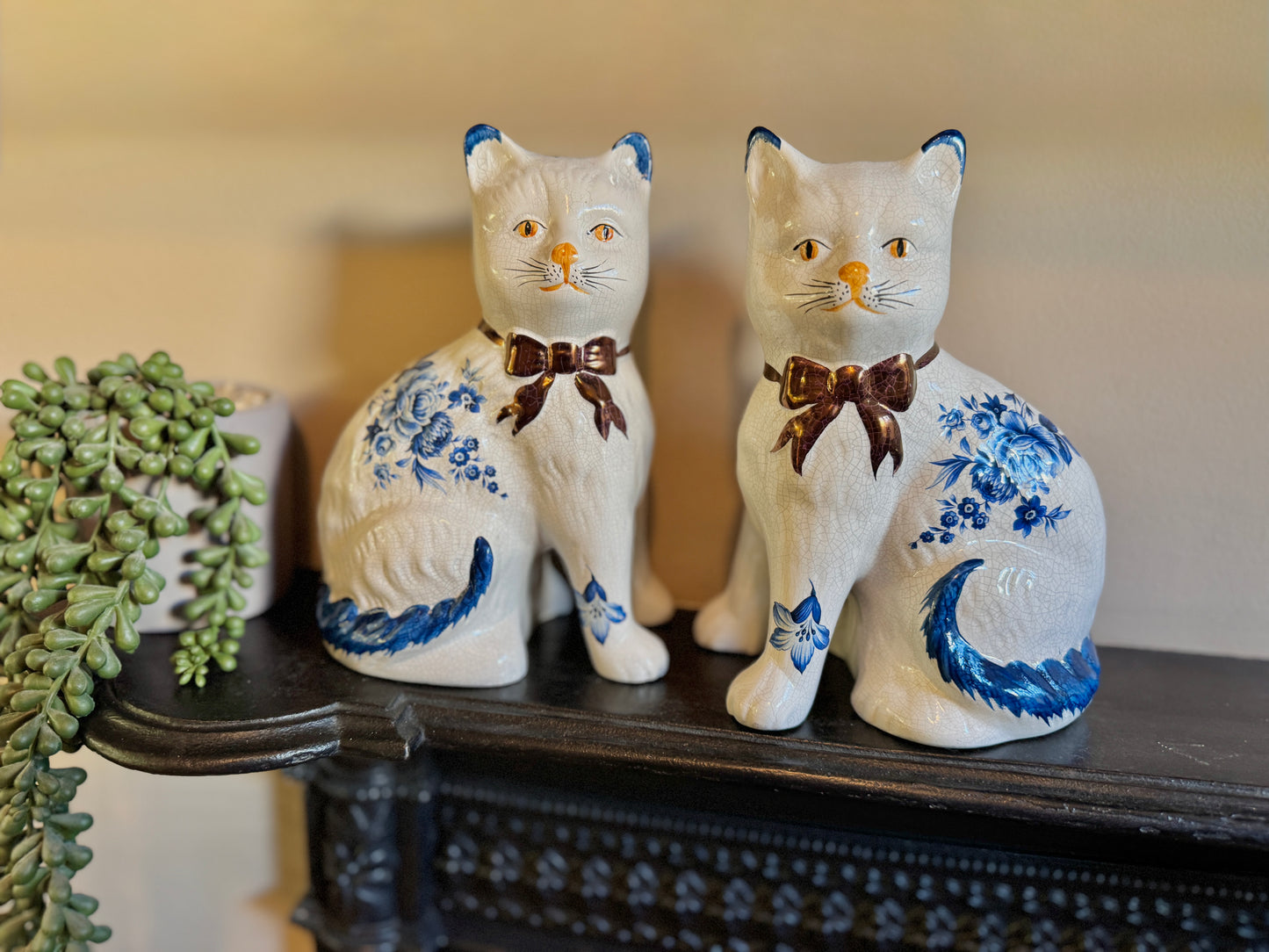 Pair of Vintage Staffordshire Cats | Blue and White Floral Design with Gold Bows