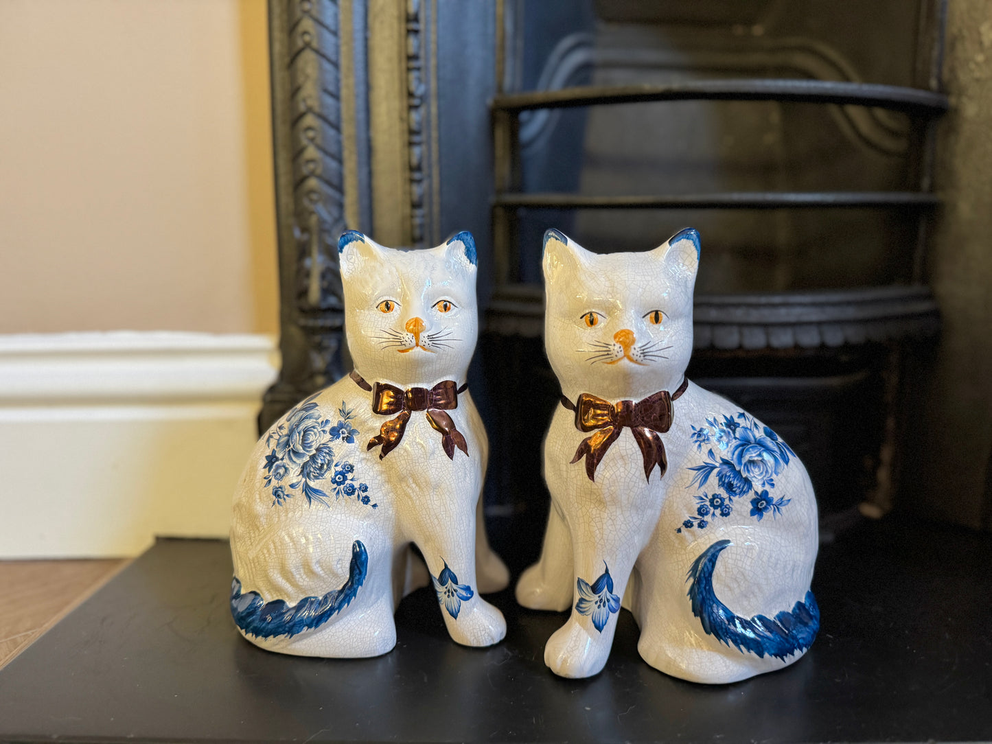 Pair of Vintage Staffordshire Cats | Blue and White Floral Design with Gold Bows
