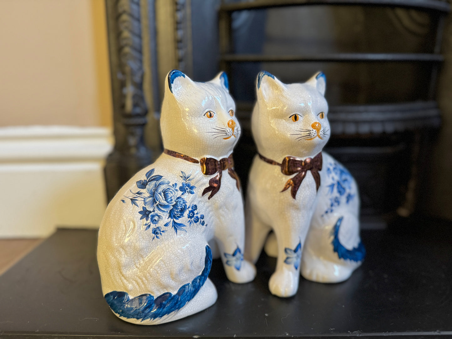 Pair of Vintage Staffordshire Cats | Blue and White Floral Design with Gold Bows