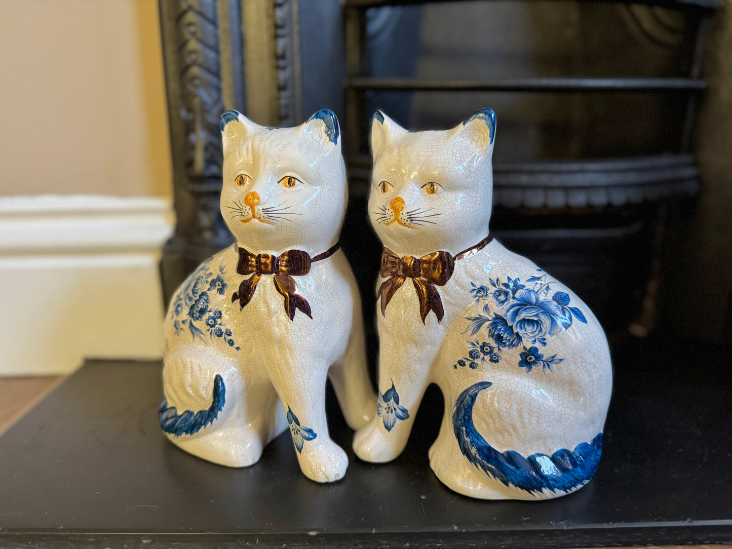 Pair of Vintage Staffordshire Cats | Blue and White Floral Design with Gold Bows