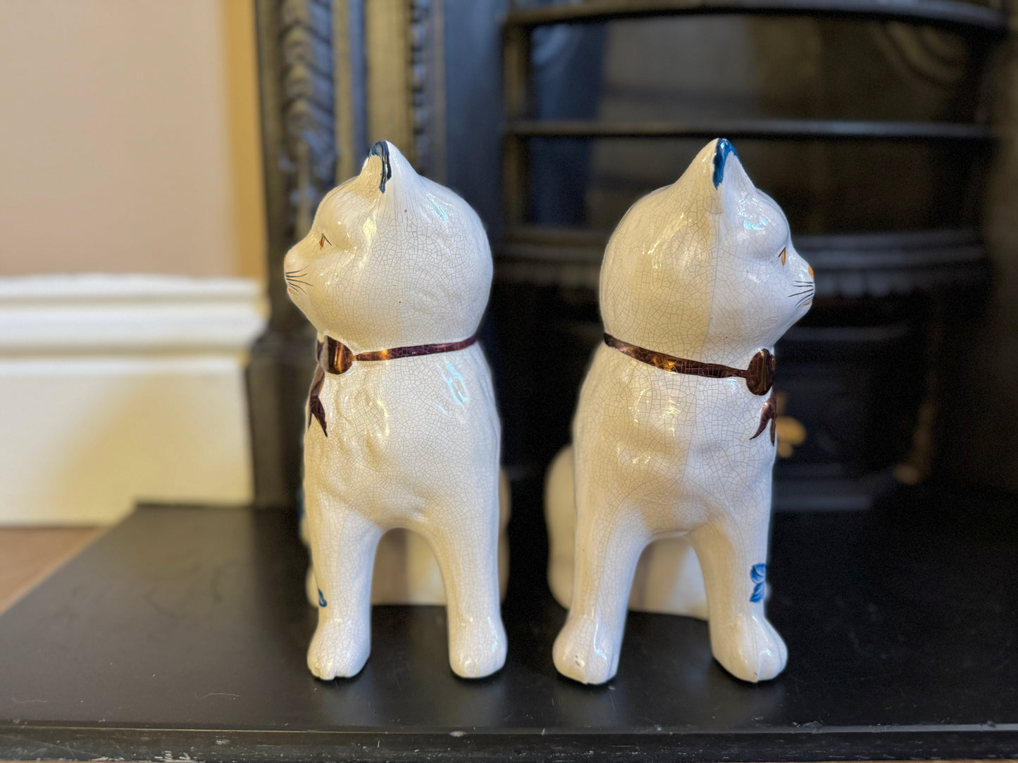 Pair of Vintage Staffordshire Cats | Blue and White Floral Design with Gold Bows