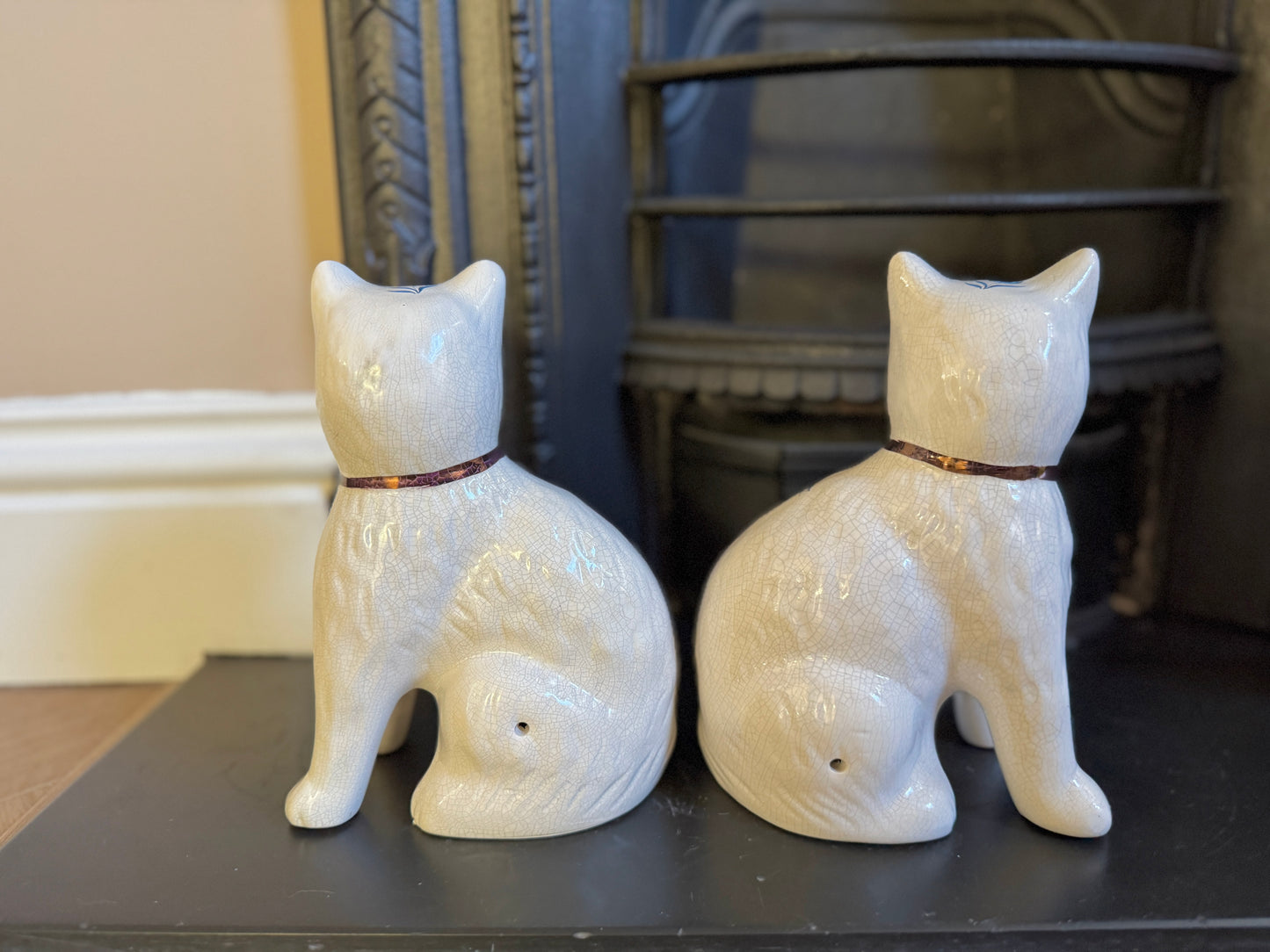 Pair of Vintage Staffordshire Cats | Blue and White Floral Design with Gold Bows