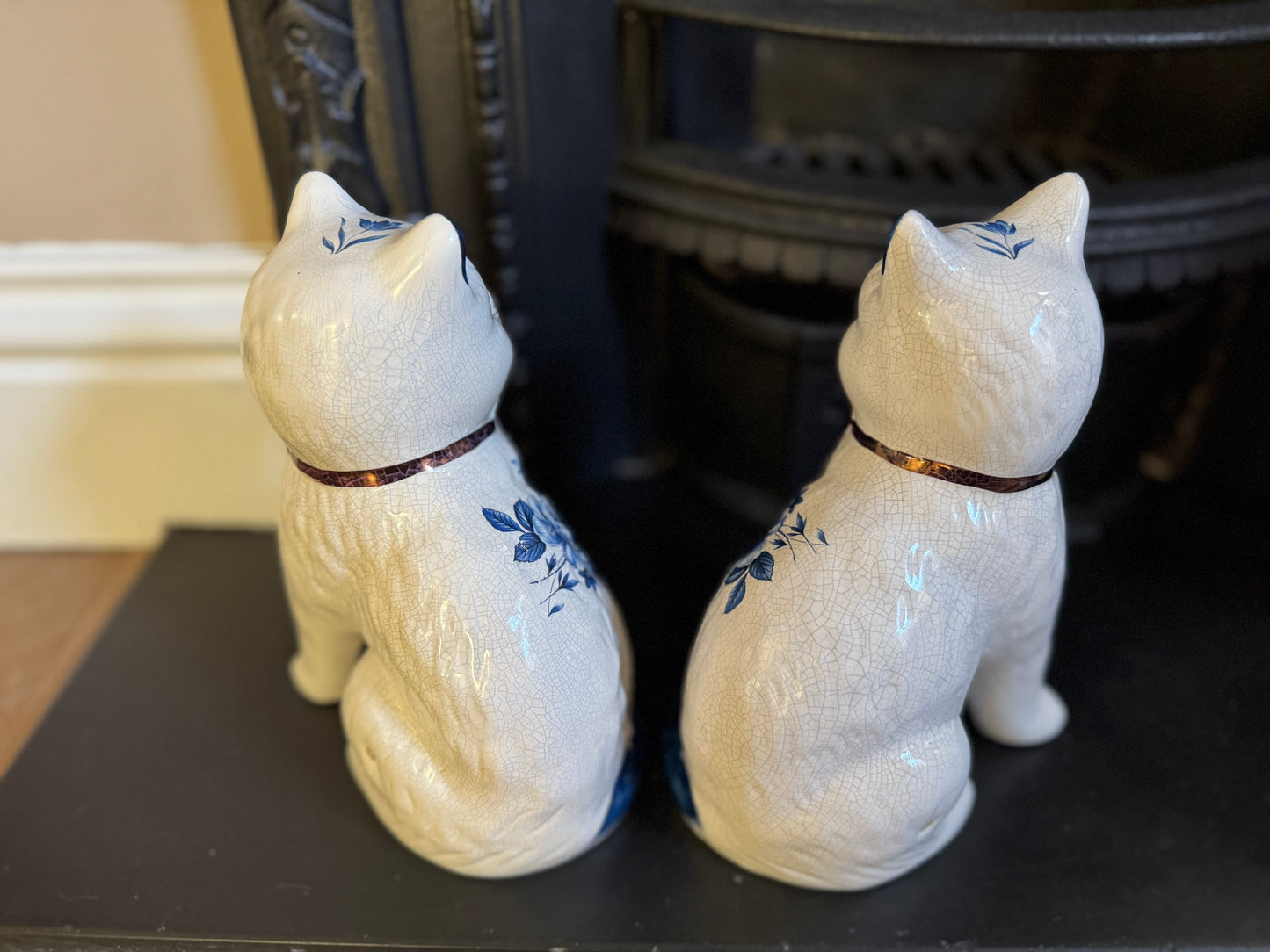 Pair of Vintage Staffordshire Cats | Blue and White Floral Design with Gold Bows