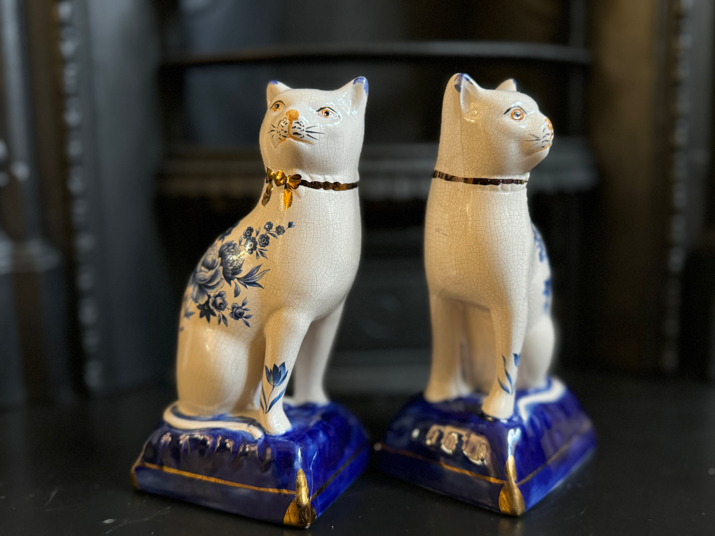 Pair of Vintage Staffordshire Cats on Blue Cushions with Rare Floral Pattern | 18.5cm