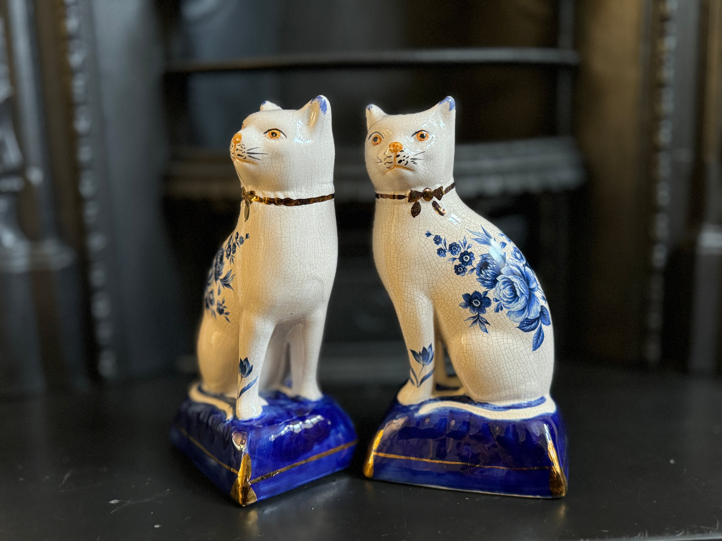 Pair of Vintage Staffordshire Cats on Blue Cushions with Rare Floral Pattern | 18.5cm