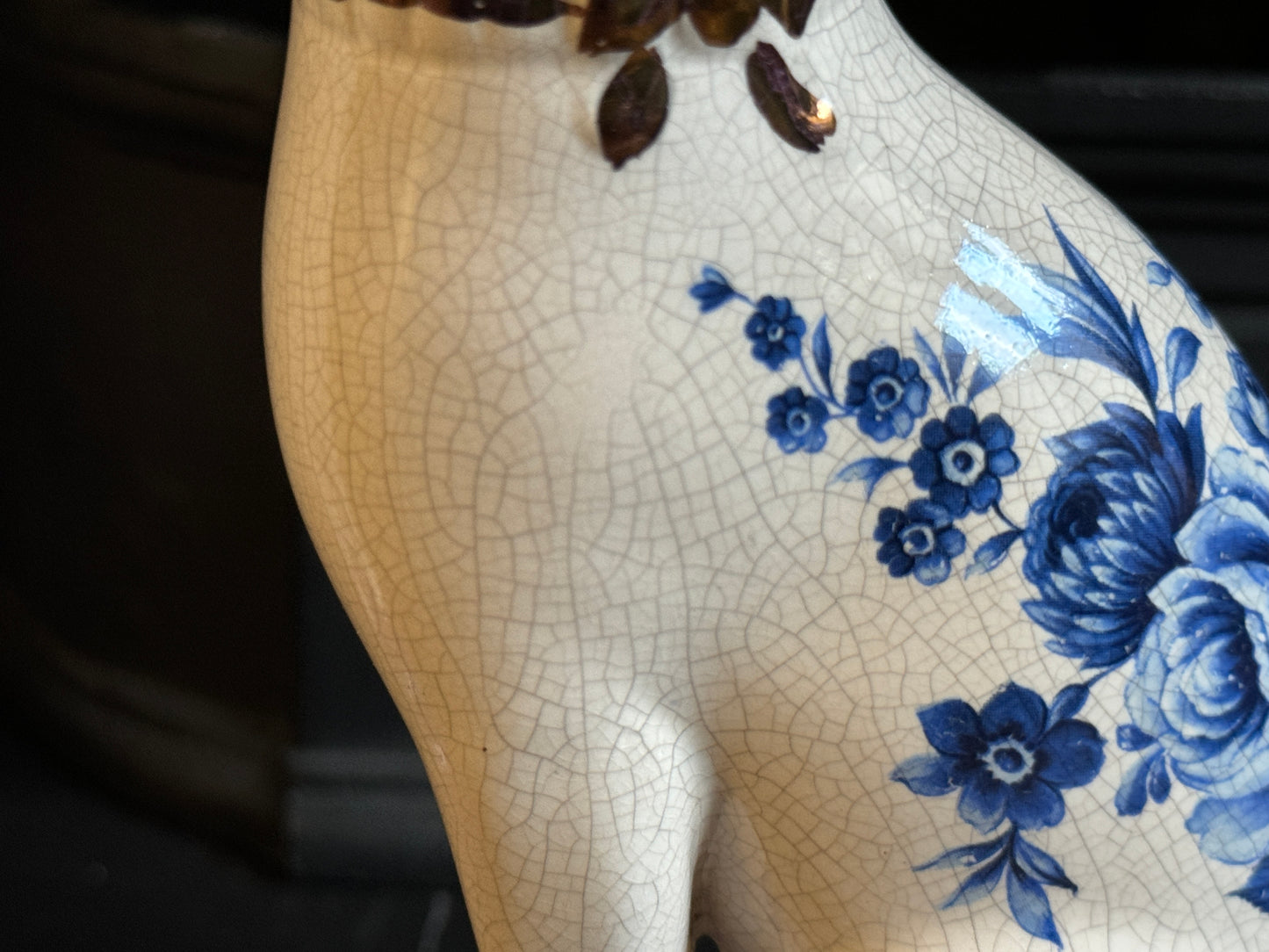Pair of Vintage Staffordshire Cats on Blue Cushions with Rare Floral Pattern | 18.5cm