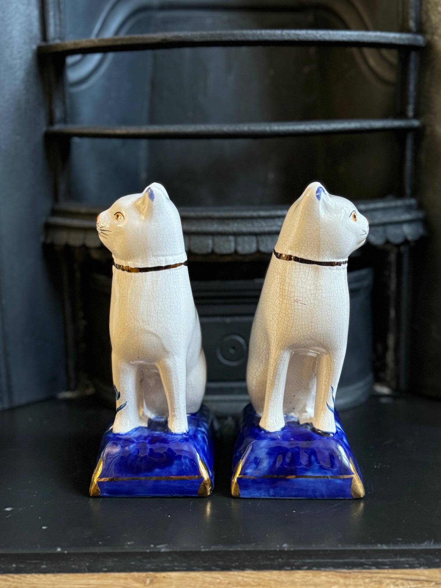 Pair of Vintage Staffordshire Cats on Blue Cushions with Rare Floral Pattern | 18.5cm