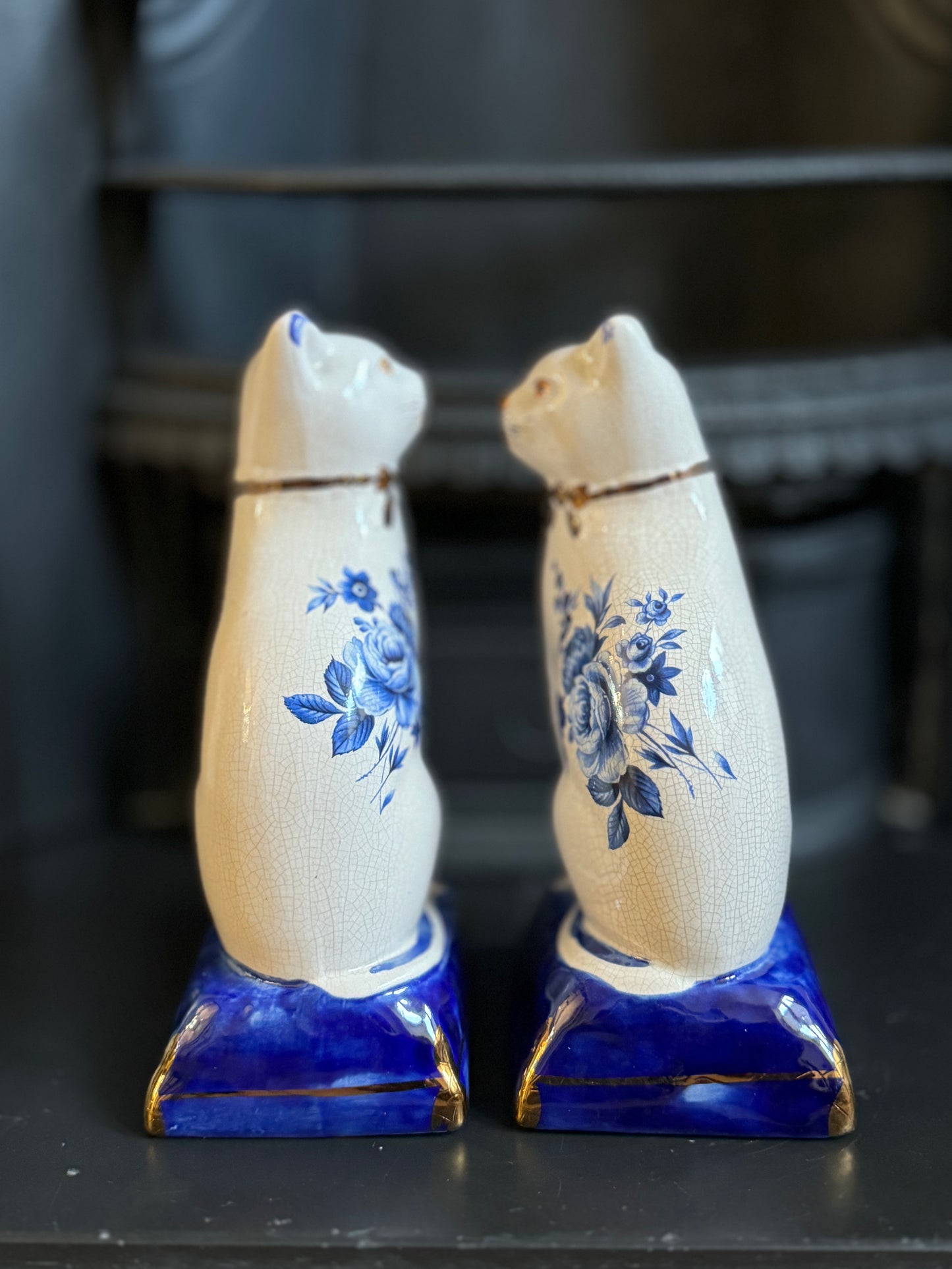 Pair of Vintage Staffordshire Cats on Blue Cushions with Rare Floral Pattern | 18.5cm