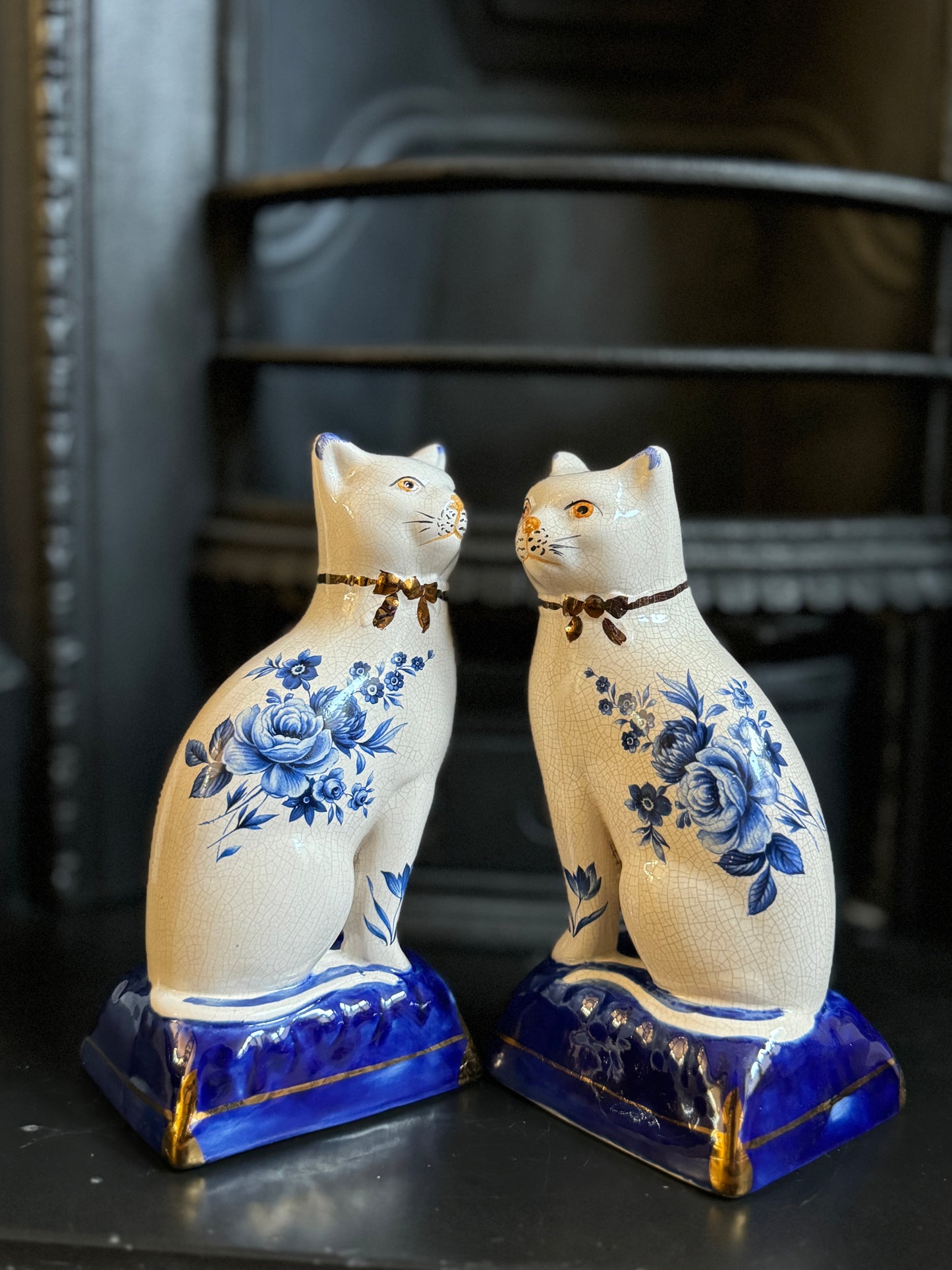 Pair of Vintage Staffordshire Cats on Blue Cushions with Rare Floral Pattern | 18.5cm
