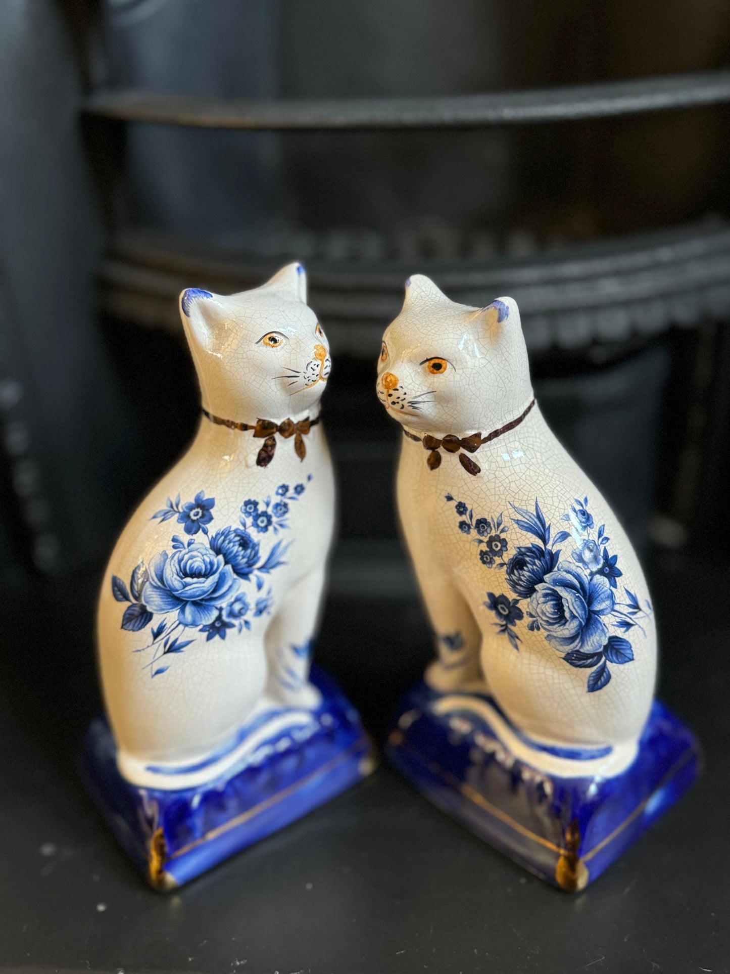Pair of Vintage Staffordshire Cats on Blue Cushions with Rare Floral Pattern | 18.5cm
