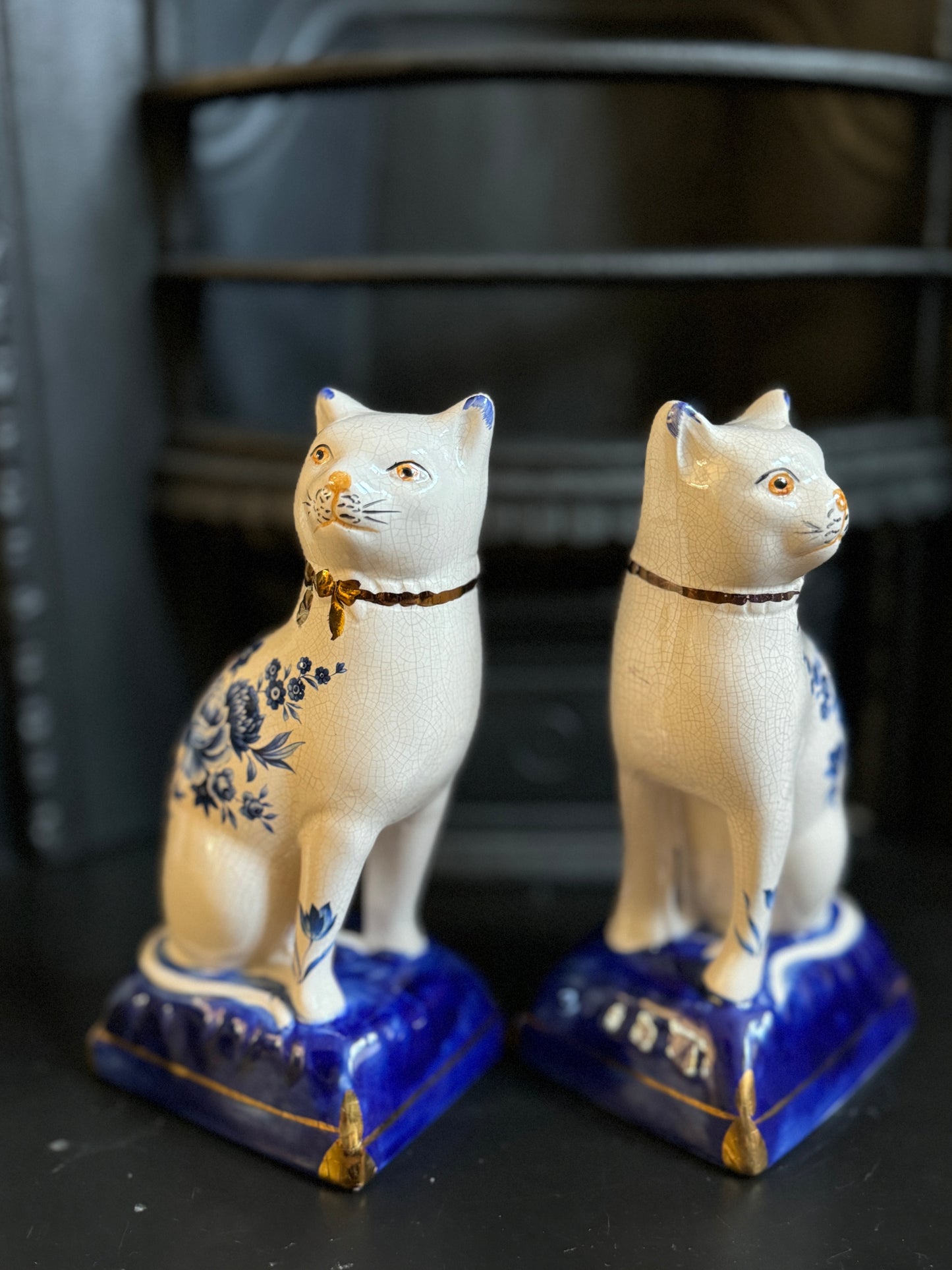 Pair of Vintage Staffordshire Cats on Blue Cushions with Rare Floral Pattern | 18.5cm