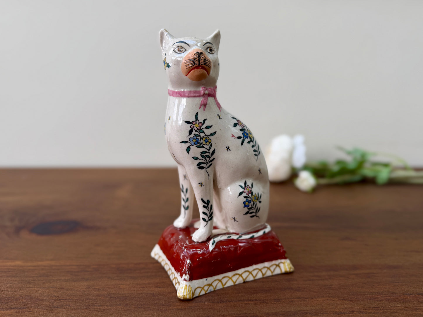 Rare Early Victorian Staffordshire Cat with Hand-Painted Floral Decoration, C.1840s