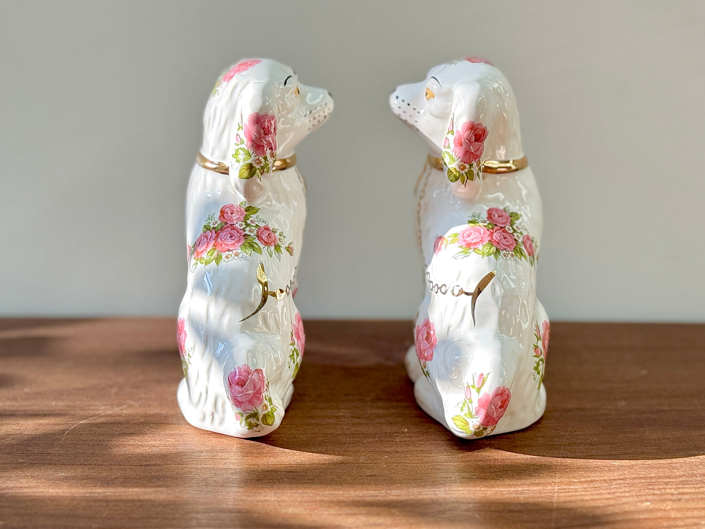 Rare Pair of Floral Staffordshire Dogs by Oldcourt Ware, c.1970s–80s | Pink Rose Design
