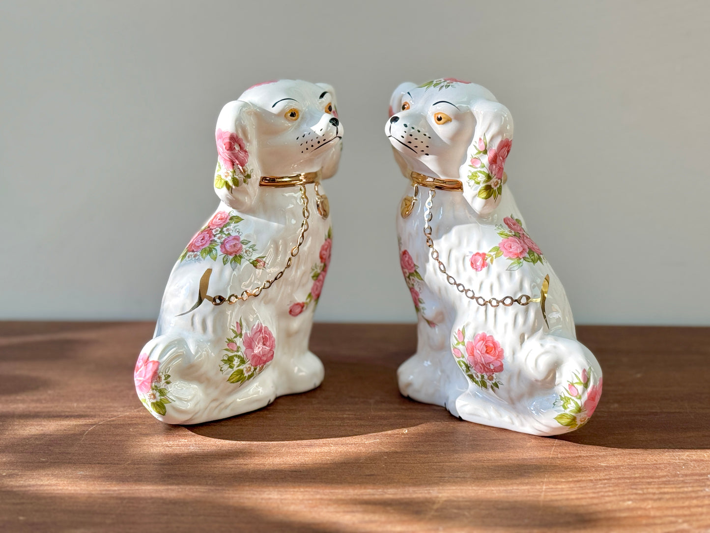Rare Pair of Floral Staffordshire Dogs by Oldcourt Ware, c.1970s–80s | Pink Rose Design