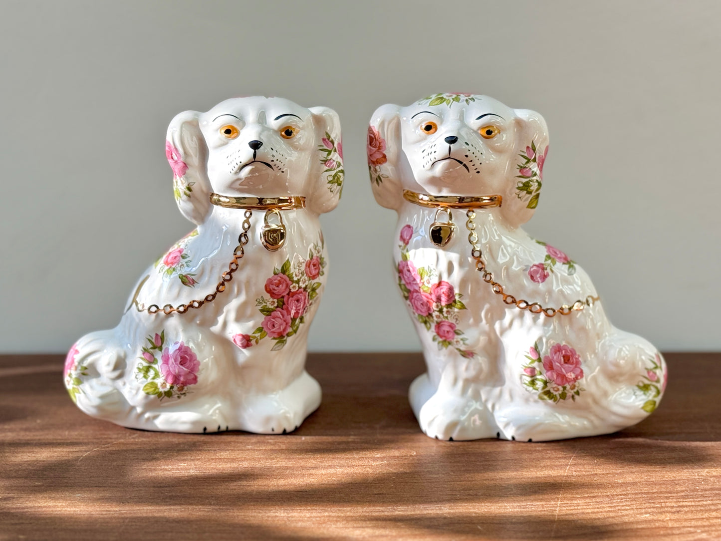 Rare Pair of Floral Staffordshire Dogs by Oldcourt Ware, c.1970s–80s | Pink Rose Design