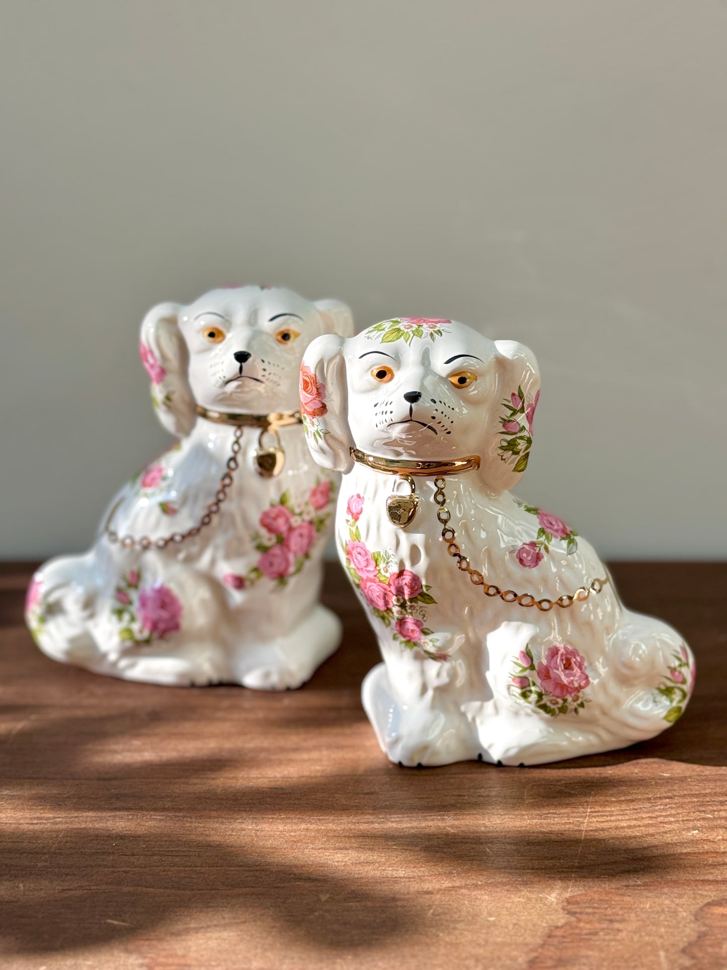 Rare Pair of Floral Staffordshire Dogs by Oldcourt Ware, c.1970s–80s | Pink Rose Design