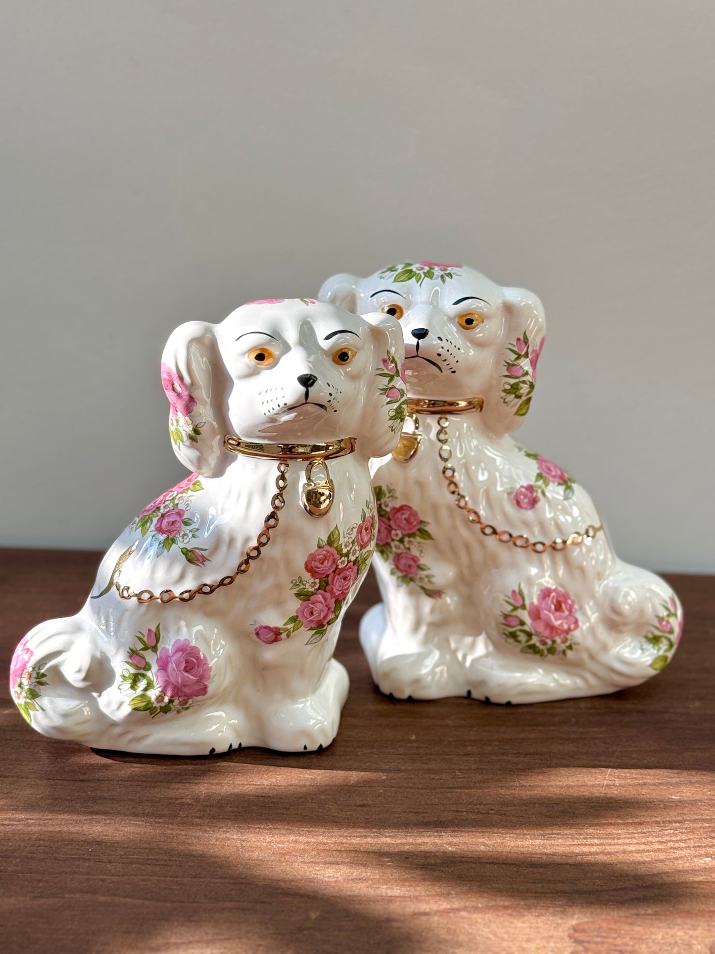 Rare Pair of Floral Staffordshire Dogs by Oldcourt Ware, c.1970s–80s | Pink Rose Design