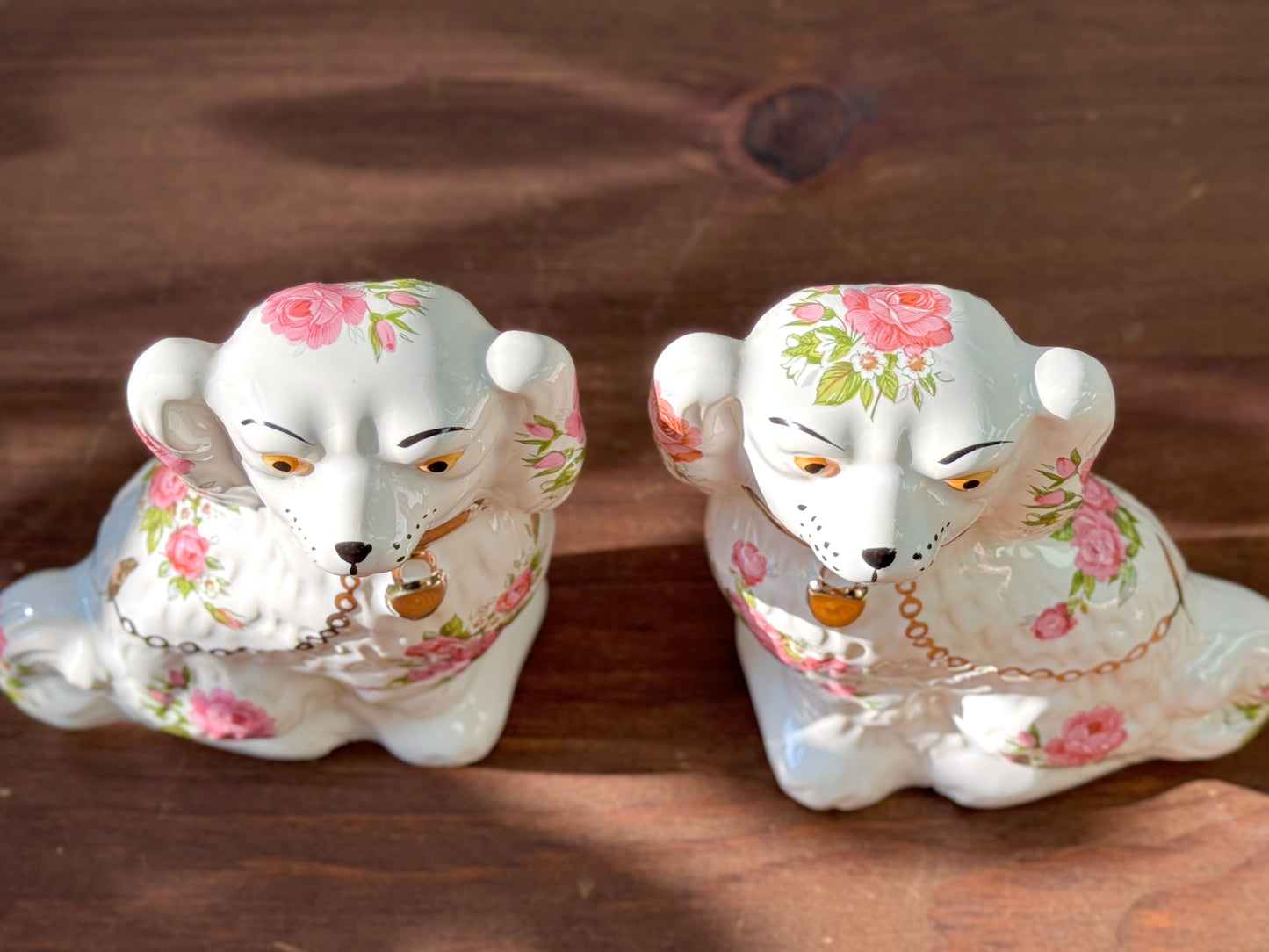Rare Pair of Floral Staffordshire Dogs by Oldcourt Ware, c.1970s–80s | Pink Rose Design