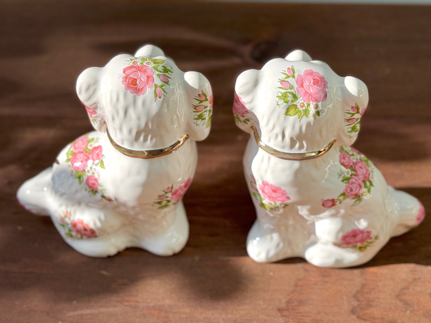 Rare Pair of Floral Staffordshire Dogs by Oldcourt Ware, c.1970s–80s | Pink Rose Design