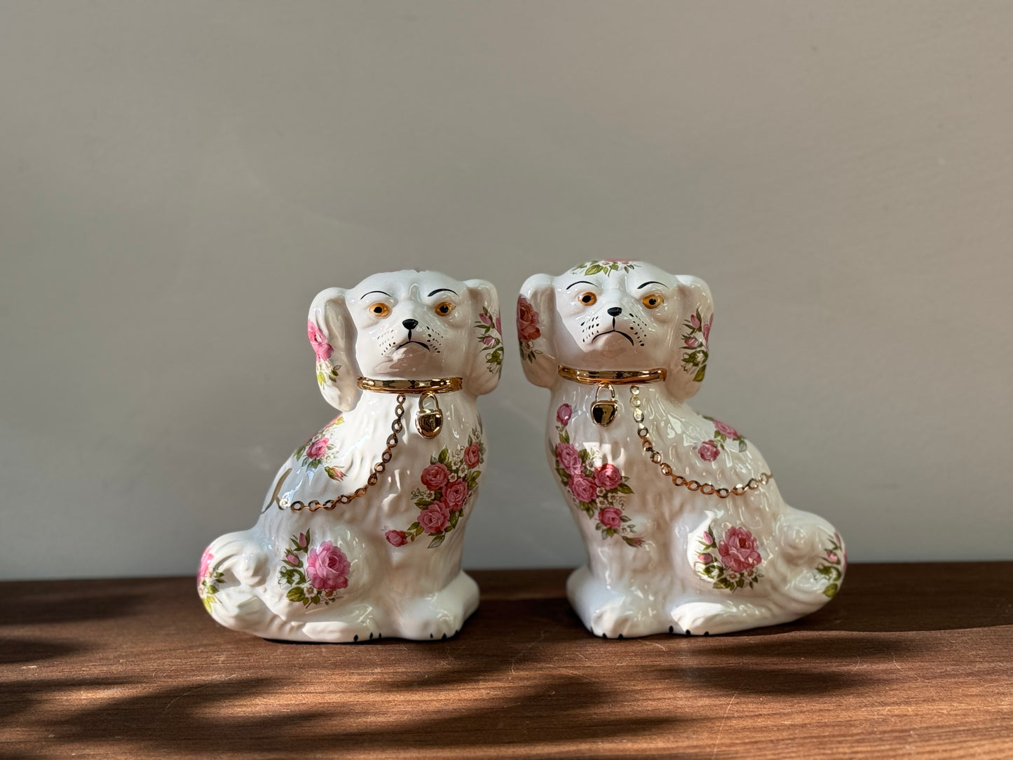 Rare Pair of Floral Staffordshire Dogs by Oldcourt Ware, c.1970s–80s | Pink Rose Design