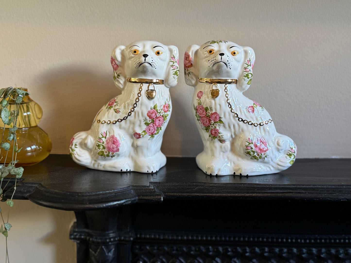 Rare Pair of Floral Staffordshire Dogs by Oldcourt Ware, c.1970s–80s | Pink Rose Design